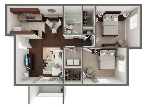 Floor plan for 2 beds, 1 bath, 833 sqft